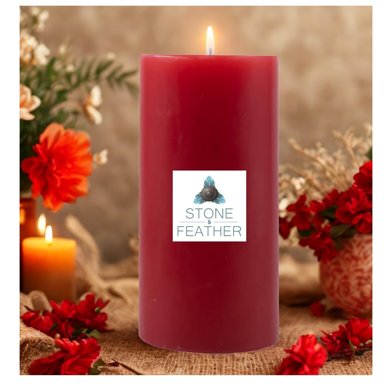 Stone & Feather (SnF), 3 x 6, Unscented Red Large Pillar Candle,(Paraffin Wax), Long Burnig Time- 100-110 Hours,for Home Decorat